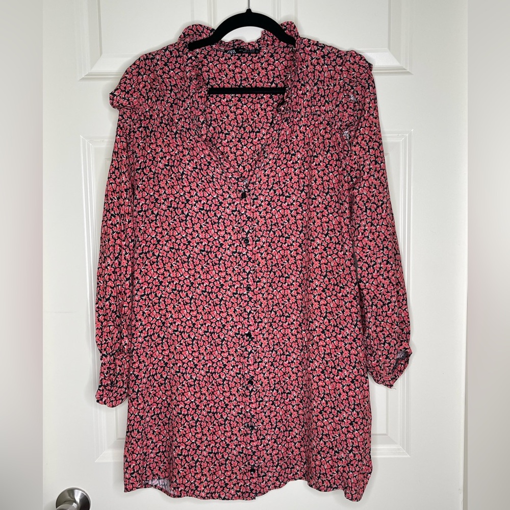 Zara Red Black Floral Viscose Mini Dress Long Sleeve Tunic